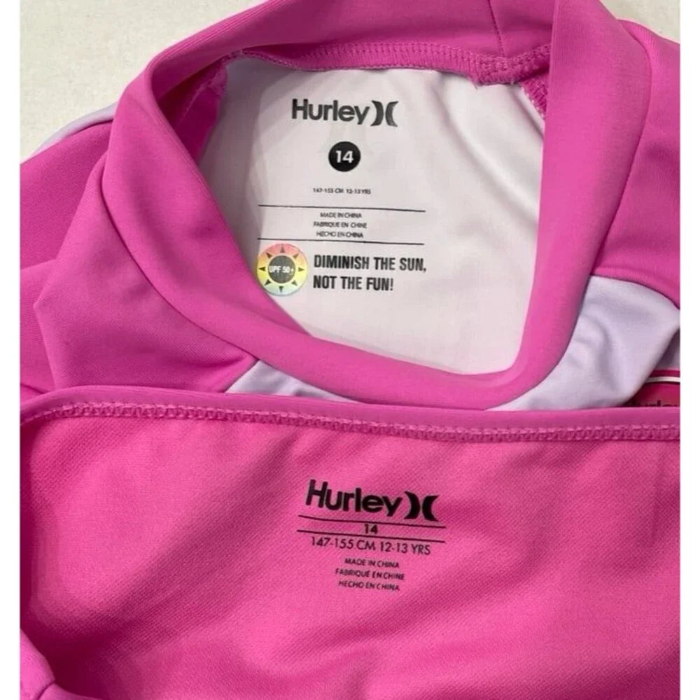 Hurley Girls Long Sleeve Rash Guard Swimsuit Size 14 China Rose New With Tags